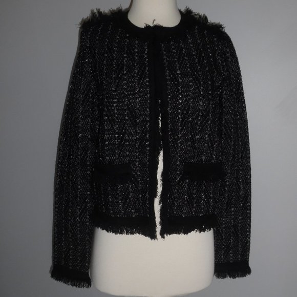 Diane von Furstenberg Sheila Metallic-Tweed Black Fringe Knit Sweater Jacket - Picture 9 of 14
